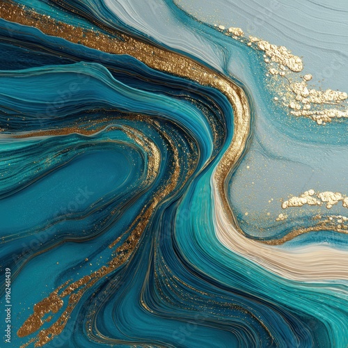 Abstract fluid art with gold accents and turquoise colors for artistic design