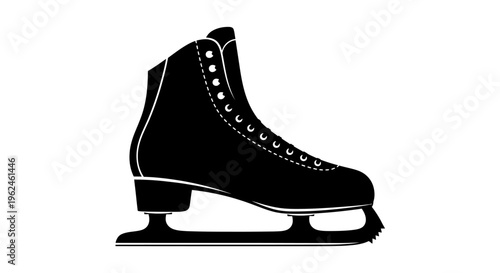 Silhouette of a black ice skate with white accents and laces on a plain white background silhouette