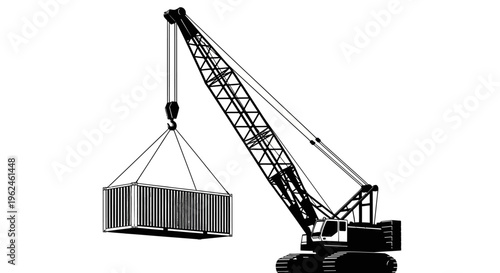 Silhouette of a construction crane lifting a heavy load with a hook and sling in a industrial setting silhouette