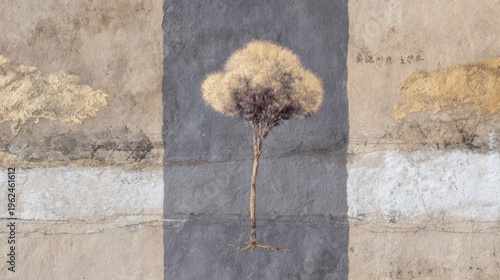 Abstract artwork of a stylized tree with textured background and neutral tones