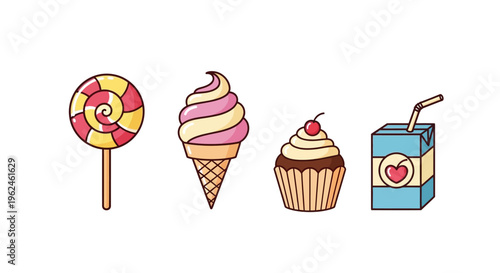 Colorful sweet treats and juice box.