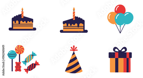 Colorful birthday celebration icons set.