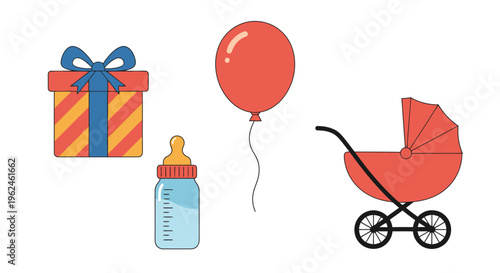 Baby stroller with red balloon.