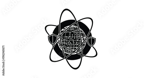 black and white atom symbol with orbiting lines
