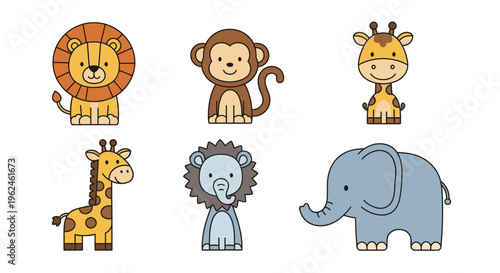 Cartoon animals in a group setting.