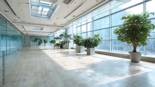 Modern Office Hallway with Natural Light  Green Plants.