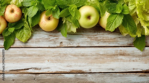 Fresh apples with green leaves on wooden surface for food concepts