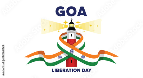 Graphic design celebrating Goa Liberation Day with a stylized emblem and Indian flag colors on a white background.