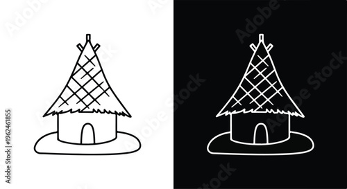 Line drawing of a hut with a conical roof on white and black backgrounds, showcasing a simple architectural design with a door and latticework pattern.