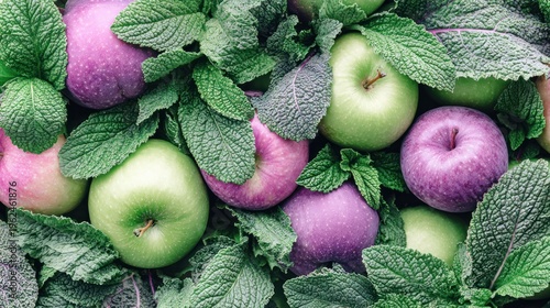 Fresh apples and mint leaves arranged with vibrant colors and overhead view