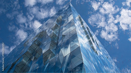 Modern Glass Skyscraper Reflecting Blue Sky and Clouds.
