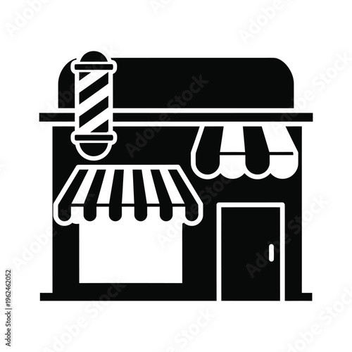 Barbershop building icon with pole and striped awnings in black silhouette vector style
