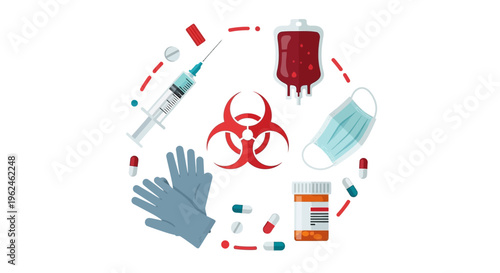 Medical and Biohazard Safety Supplies Illustration: Syringe, Blood Bag, Mask, Gloves, Pills, and Contagion Warning