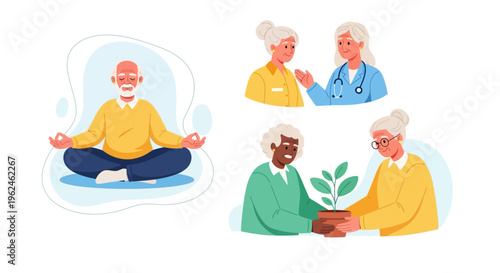 Healthy Aging & Senior Well-being: Elderly Adults Practicing Mindfulness, Receiving Medical Care, and Engaging in Community Activities