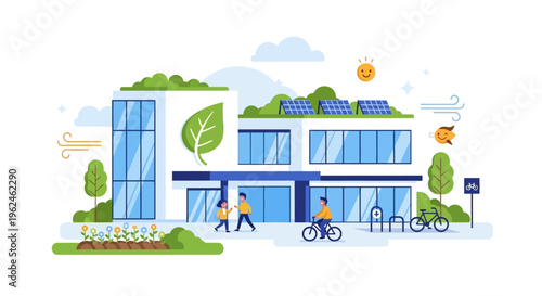 Sustainable Green Building with Solar Panels, Green Roof, and Eco-Friendly Urban Lifestyle - Renewable Energy Concept