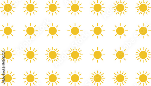 Vector illustration of thirty yellow sun icons with diverse ray styles representing sunlight, energy, warmth, weather, summer, and brightness