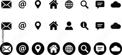 Vector illustration of user interface icons including email, location pin, home, globe, chat and cloud