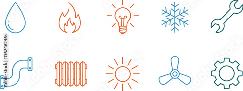Vector illustration of utility and mechanical system icons including water, fire, electricity, cold, tools, plumbing, heating, solar, ventilation, machinery