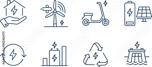 Vector illustration of renewable energy and sustainability icons including wind turbine, solar panel, hydroelectric dam and recycling