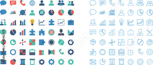 Vector illustration of business and communication icons in colorful and outline styles representing teamwork, data analysis, planning, and corporate operations