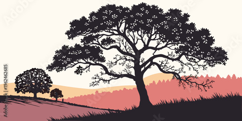 A large tree with a sprawling canopy on a grassy hill