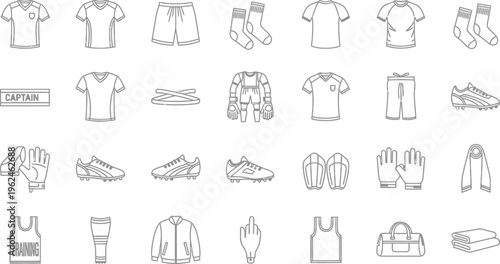 A collection of black and white line icons depicts various soccer and football equipment and referee tools for design use.