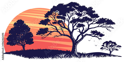 Silhouette of trees on a hill at sunset