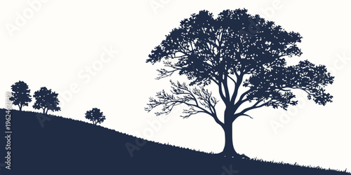 Silhouette of a large tree on a hill with smaller trees