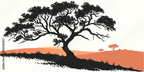 A large tree on a hill with smaller trees in the background