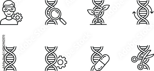 Vector illustration of genetic engineering and biotechnology icons including DNA, gene editing, CRISPR and research tools