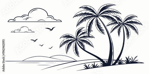A black and white drawing of a tropical beach with palm trees