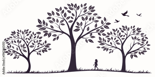 A girl walks under trees with flying birds