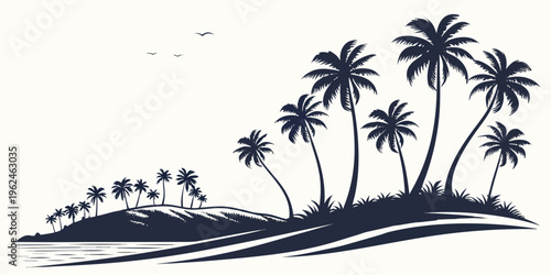 A tropical island with palm trees and a beach