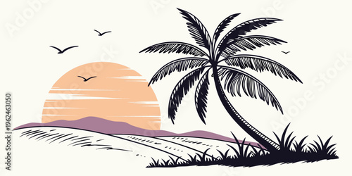 A palm tree on a hill with a sunset in the background