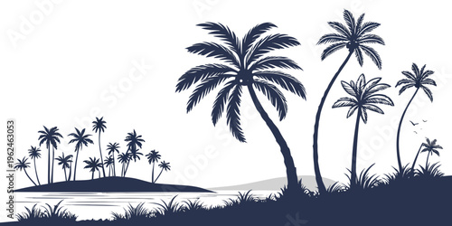 A tropical island with palm trees and a body of water