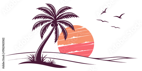 Palm tree on a beach at sunset