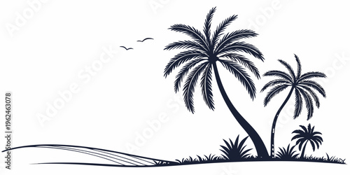 A black silhouette of palm trees on a small island