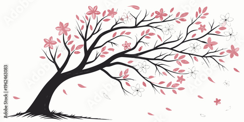 A tree with pink flowers and leaves blowing in the wind
