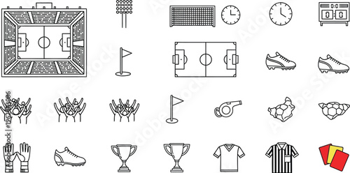 Detailed overhead and side view diagrams of a soccer stadium, field layouts, goalposts, and scoreboard icons are presented in a monochrome line style.