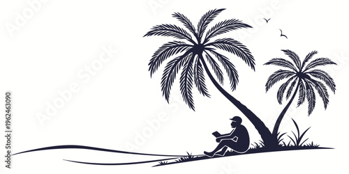 Man sitting under palm trees reading a book