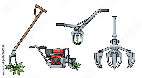 Professional Farming and Garden Weeding Equipment Set with Manual and Mechanical Weed Extraction Tools Vector Illustration