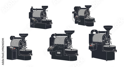 Industrial Coffee Roasting Machine Icons Set for Coffee Farm and Processing Plant