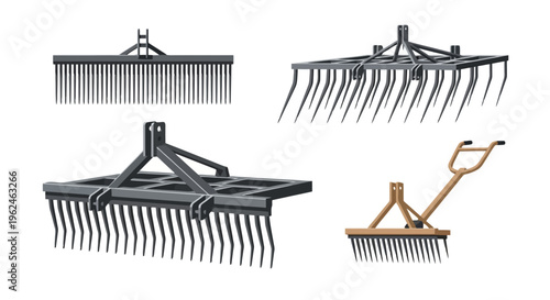 Set of Agricultural Harrows and Rakes for Farm Soil Preparation