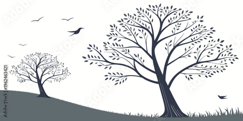 Two trees on a grassy hill with birds flying overhead