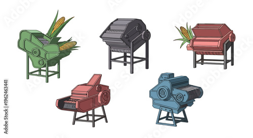 Set of corn sheller and husking machine vector illustrations for agricultural farm processing