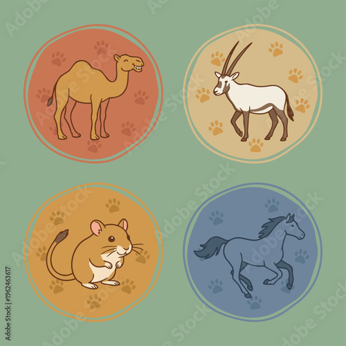 Set of Four Circular Animal Illustrations.