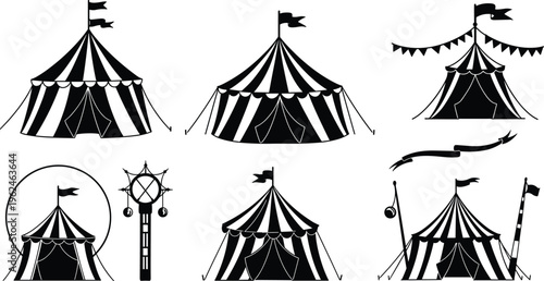 Vintage circus tent collection, carnival fairground vector, retro festival design, black white illustration, big top circus elements