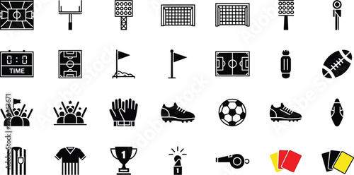 A detailed collection of black silhouette icons displays various aspects of football, including stadium elements, protective gear, and official signals.