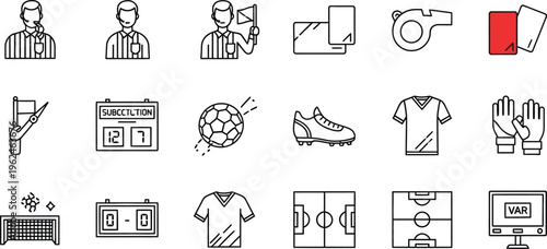 Monochrome line icons represent diverse soccer match components such as officials, scoreboards, apparel, and specialized equipment for gameplay.