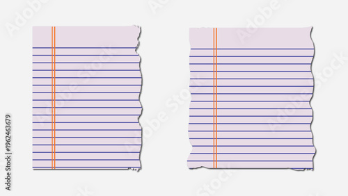 wo torn sheets of lined notebook paper, light purple with blue lines